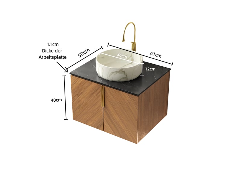 Meuble sous lavabo suspendu 2 portes à fermeture douce - lpospi - rangement, pierre frittée et céramique, noir et chêne brun - Conforama D