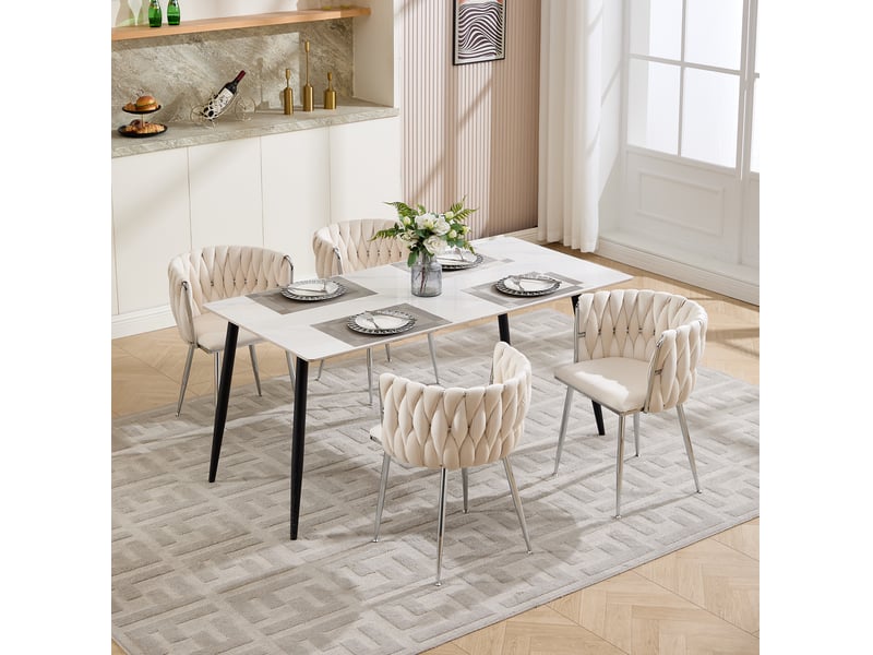  Chaise de salle à manger lot de 2, dossier bas tissé et structure métallique argentée, en velours ivoire  - Conforama E