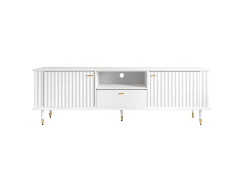 Meuble tv blanc 170 cm en mdf laqué avec portes, tiroir et pieds en métal doré - Conforama W