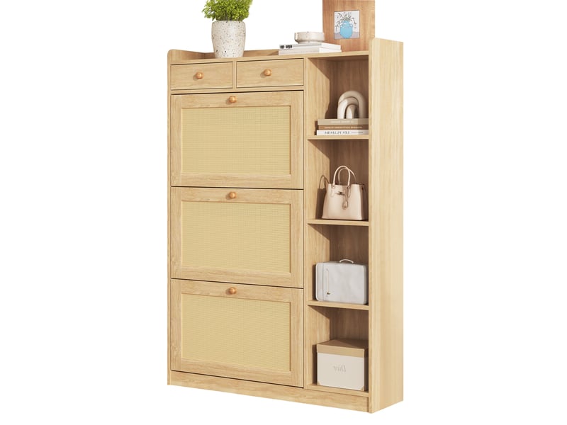 Meuble à chaussures naturel 90 × 24 × 130 cm, panneau de particules, 3 abattants et 2 tiroirs, façades en rotin - Conforama A