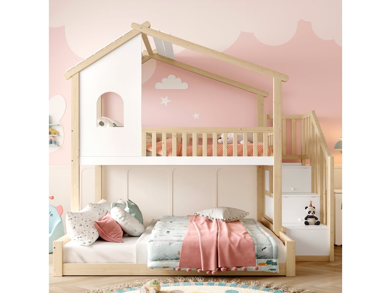  Lit superposé naturel et blanc 90 × 200 + 140 × 200 cm, échelle avec rangement  - Conforama B