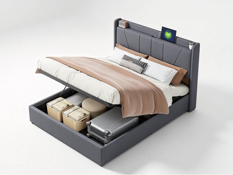  Lit coffre 160x200 cm - usb et type-c - tête de lit avec étagère - sommier relevable - grand rangement - design moderne  - Conforama A