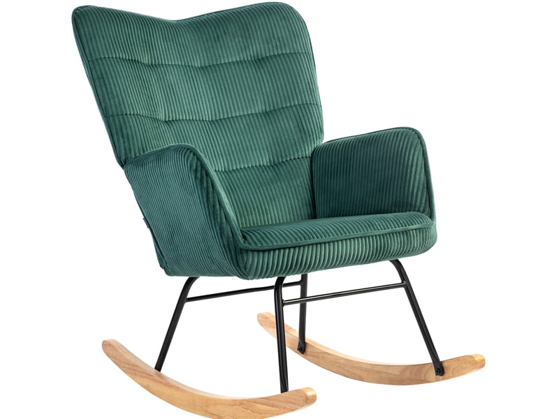 Fauteuil à bascule rembourré avec dossier haut incliné et accoudoirs, en velours côtelé polyester vert foncé - Conforama A