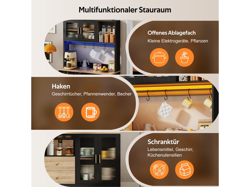  Buffet haut cuisine 110x40x178 cm avec led rgb, portes vitrées en verre trempé, porte-bouteilles, prises usb et rangement réglable mdf noir OMNIGLINT TRADING LTD - Conforama E