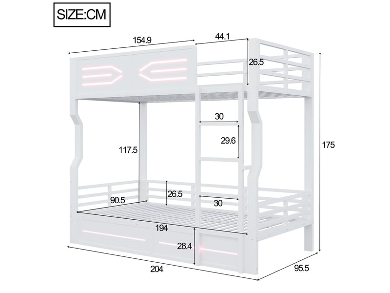  Lit superposé 90x200 cm avec led, cadre robuste, lignes droites et barrières hautes de sécurité pour chambre ado, mdf et métal, blanc OMNIGLINT TRADING LTD - Conforama C