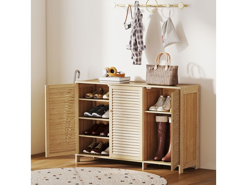  Meuble à chaussures en bambou 18 paires, armoire à chaussures avec portes persiennes et étagères réglables, bois naturel  - Conforama B