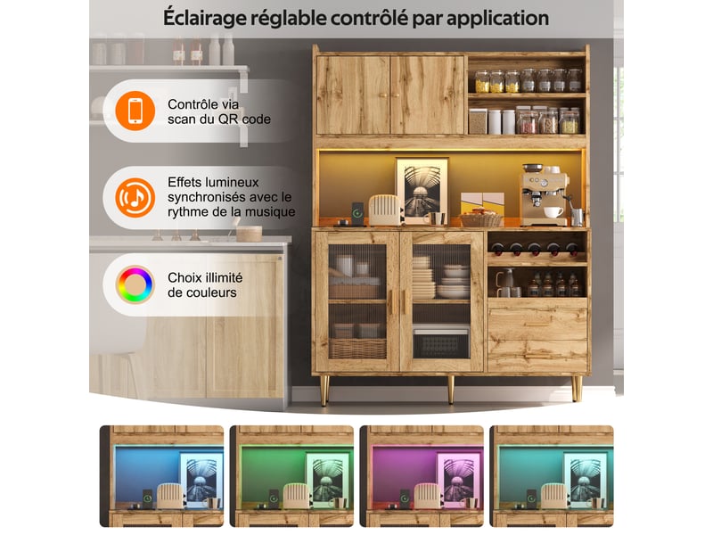  Meuble de cuisine avec casiers à bouteilles de vin, éclairage led et prises, 130 × 40 × 172 cm muvano  - Conforama R