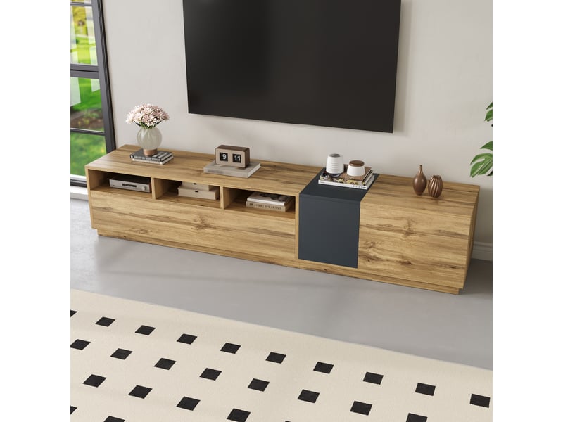  Meuble tv avec 3 niches, 3 portes et passe-câbles pour salon 200×45×45 cm en panneaux de particules noir gris  - Conforama B