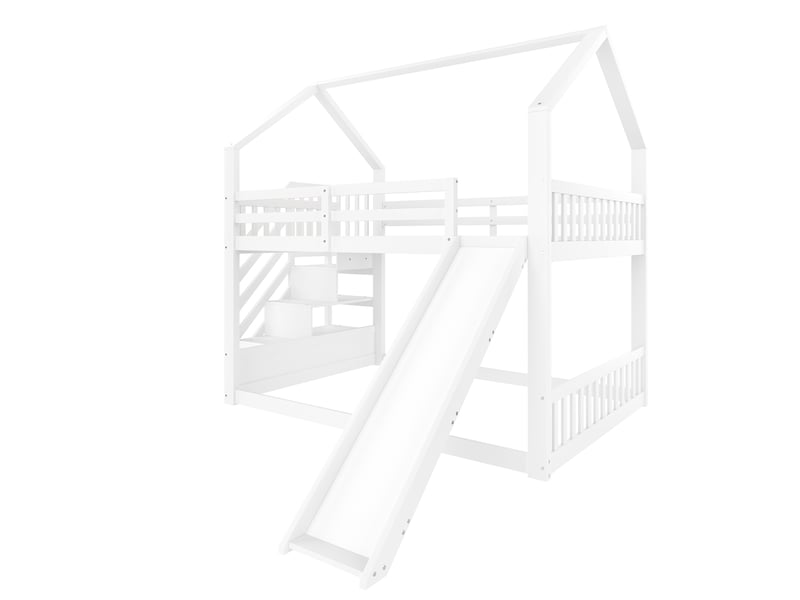 Lit superposé blanc 140x200 cm avec rangements, toboggan et barrière - lit maison sans matelas - Conforama A