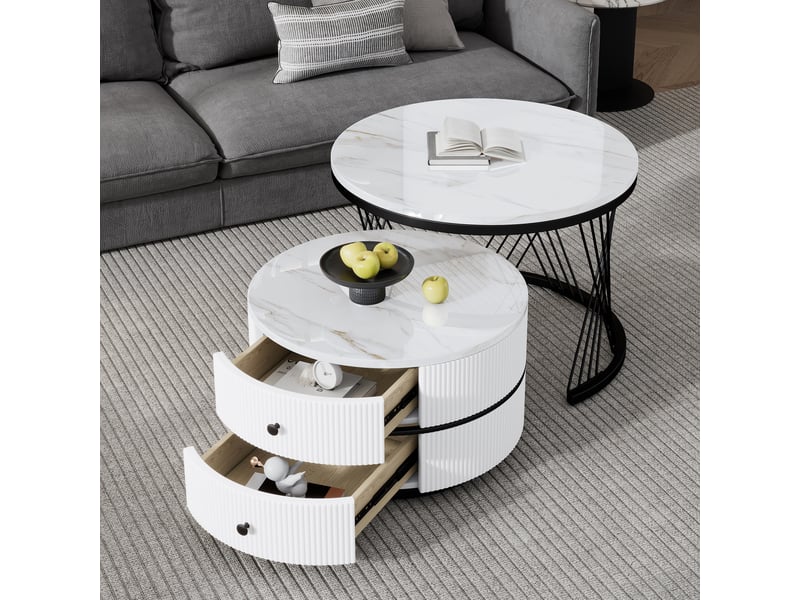  Table basse gigogne effet marbre blanc - lot de 2 tables rondes avec 2 tiroirs  - Conforama R