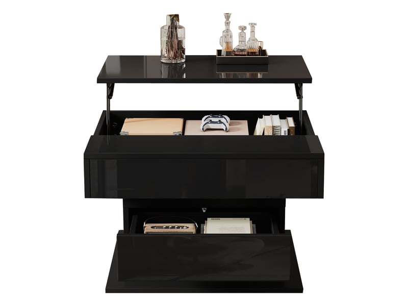 Table basse géométrique relevable pivotante à 360°, noire, 70 x 70 x 45 cm, 1 tiroir, rangement caché, finition brillante - Conforama A