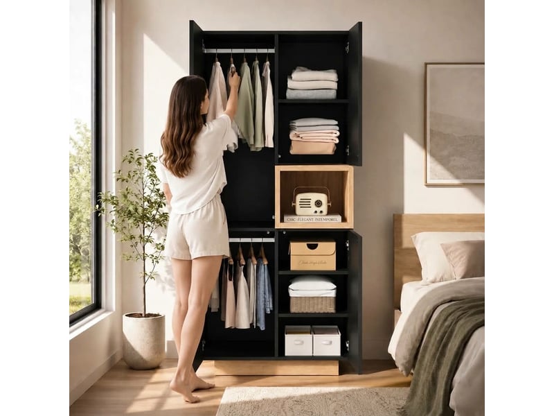 Armoire noire 2 portes 90x45x200 cm avec 2 tringles et 5 compartiments - Conforama D