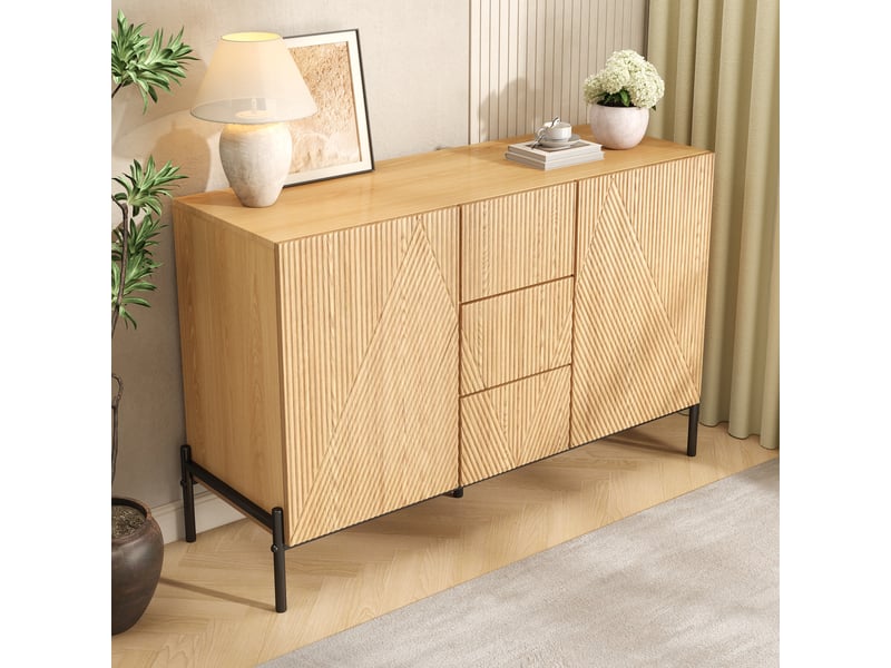  Buffet moderne en bois naturel 115cm, meuble de rangement avec 2 portes et tiroir, pieds métal  - Conforama R