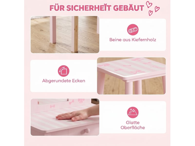 Coiffeuse enfant 2-en-1 55 x 34 x 82 cm - rose et blanc - miroir amovible, tiroir et tabouret assorti - Conforama E