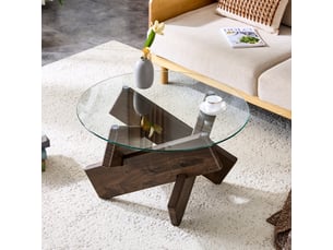 Table basse ronde, 79x79x45 cm, mdf et verre, coloris noyer