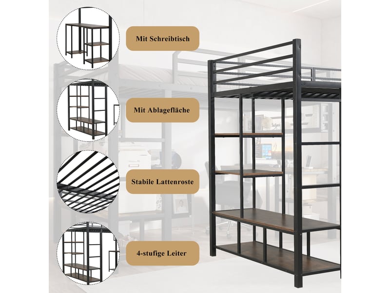  Lit mezzanine 120x200 cm en fer et bois avec bureau intégré, rangement et échelle 4 marches, noir et noyer  - Conforama D
