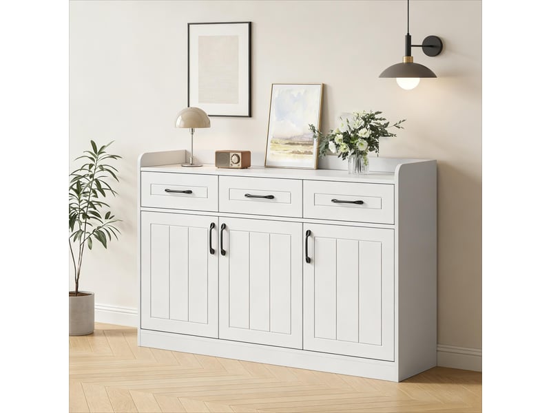  Buffet blanc 120 cm meuble de rangement 3 tiroirs et 3 portes design rayé  - Conforama E