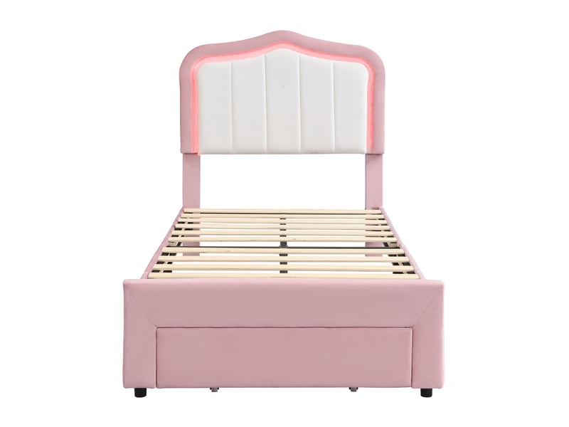  Lit enfant 90 x 200 cm rose en velours, tiroir de rangement au pied et éclairage led contrôlé par application  - Conforama D