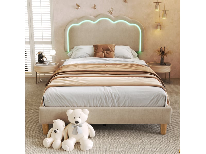  Modenvie lit simple capitonné 90x200 cm - avec led, tête de lit réglable, sans matelas - beige  - Conforama D