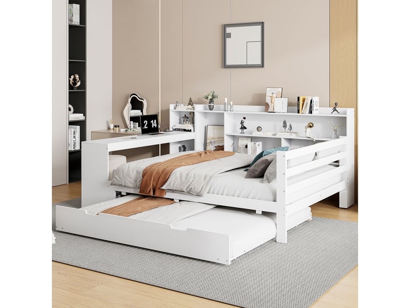  Lit combiné 140x200 cm avec bureau, rangements et prise, bois, blanc sans matelas  - Conforama E