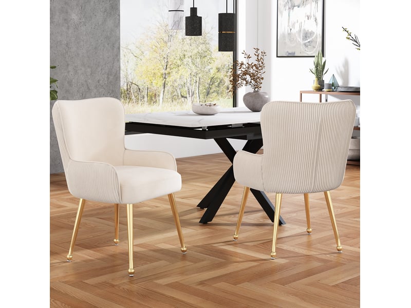  Lot de 4 chaise de salle à manger 57x53x83cm, accoudoirs, beige velours et pieds métal doré, soutien lombaire  - Conforama D