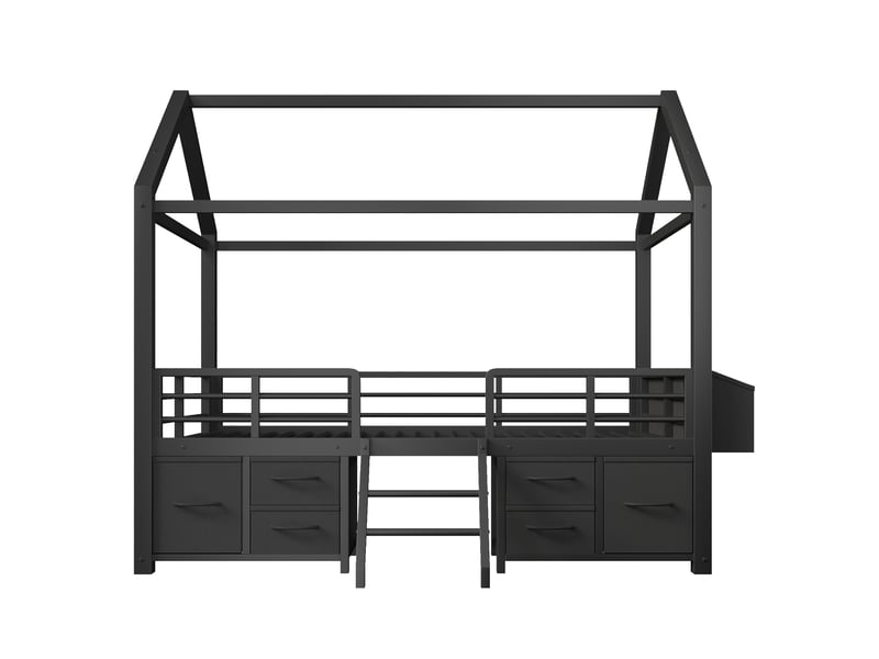 Lit mezzanine enfant 90x200 cm – noir – toit maison, led et tiroirs en tissu – sans matelas  - Conforama D