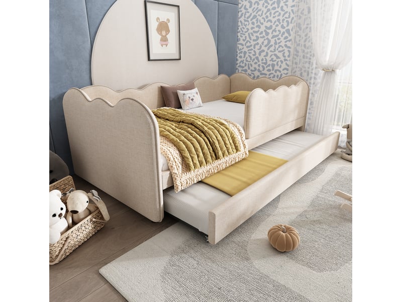  Modenvie lit gigogne enfant 90x190 cm - avec lit gigogne, dossier rembourré, sans matelas - beige  - Conforama E