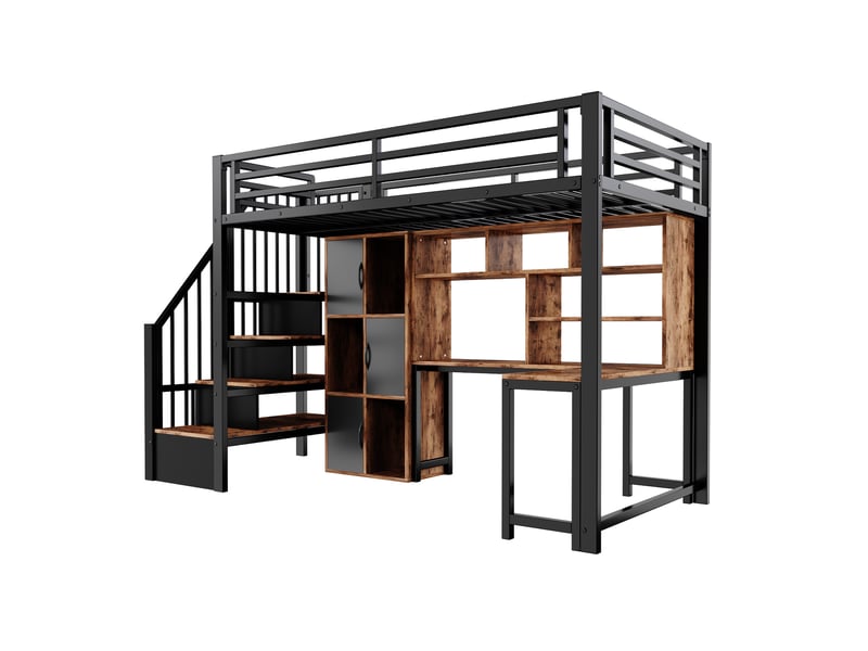  Lit mezzanine 90 x 200 cm avec bureau, led et escalier avec rangement, lit simple en métal noir avec étagères et placards intégrés  - Conforama A
