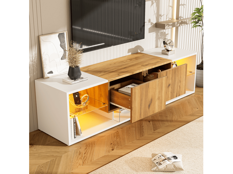  Meuble tv 160 x 40 x 42 cm avec 2 tiroirs, étagère en verre et led multicolore  - Conforama D