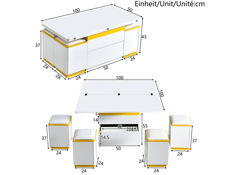  Table basse relevable et dépliante avec 4 tabourets de rangement, blanche et jaune  - Conforama E