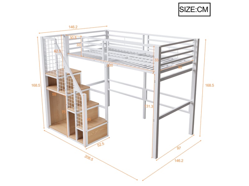  Lit mezzanine simple 90×200 cm avec rangement, penderie et barrière  - sans matelas, métal blanc  - Conforama D