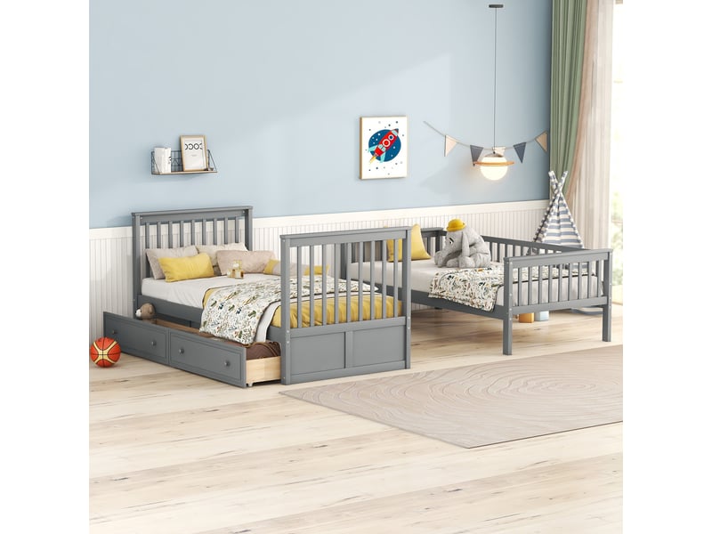  Lit superposé 90 x 200 cm enfant avec 2 tiroirs, séparable en deux lits, en pin massif et mdf, gris  - Conforama B