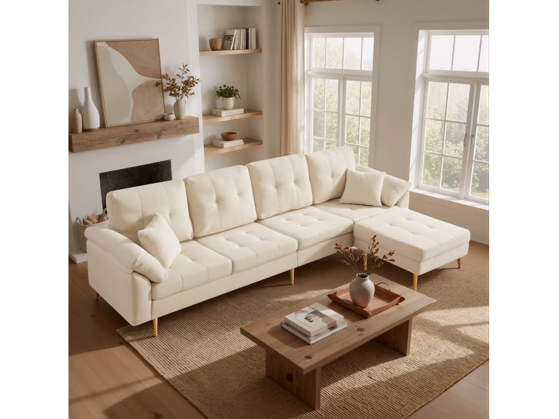  Canapé droit 4 places avec pouf mobile modulable en angle, assise épaisse, pieds en fer, velours côtelé beige clair  - Conforama D