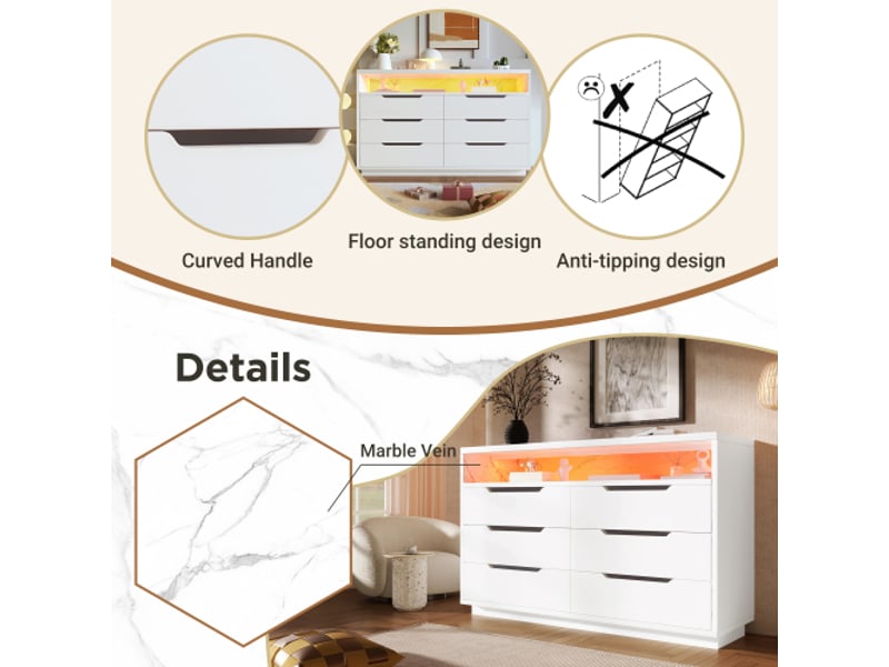  Buffet commode avec éclairage led et 6 tiroirs, compartiment de rangement effet marbre, meuble moderne pour salon et chambre, 120 x 40 x 85 cm, blanc  - Conforama E