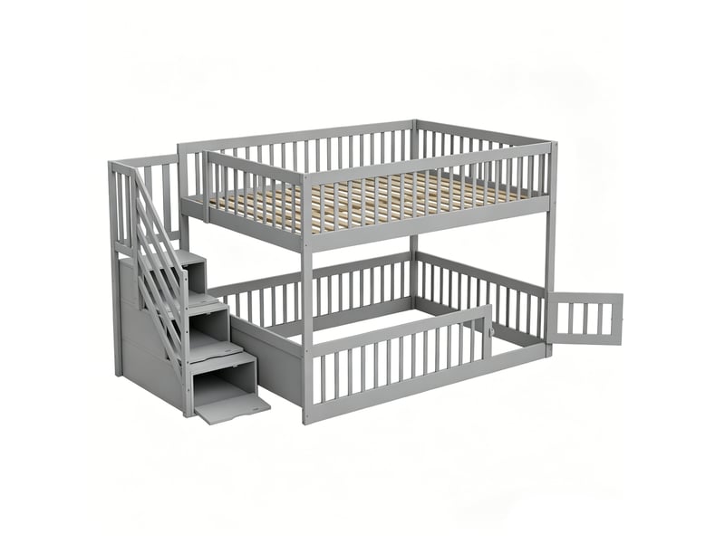  Lit superposé 140 × 200 cm 2 places avec escalier à tiroirs et barrières, sans matelas, en bois massif gris  - Conforama E