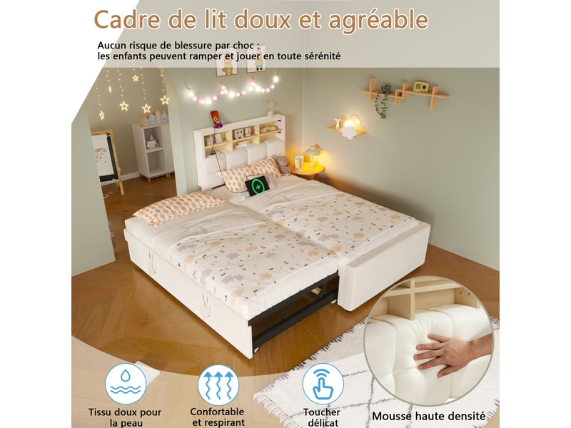 Lit banquette gigogne 90x200180x200cm, convertible en lit double avec port usb type-c et niche ouverte, sans matelas, velours, beige evarich - Conforama D
