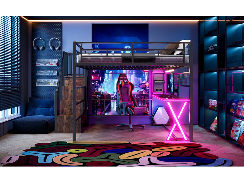  Lit mezzanine 160 × 200 cm, bureau, armoire, étagères, escalier rangement, led, barrières, structure métal et mdf, noir  - Conforama B