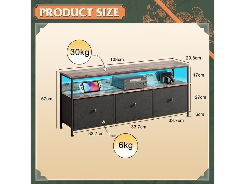  Meuble tv avec led,armoire tv de salon avec 3 tiroirs, tiroirs en tissu et structure en métal,108 x 29.8 x 57 cm, noir  - Conforama C