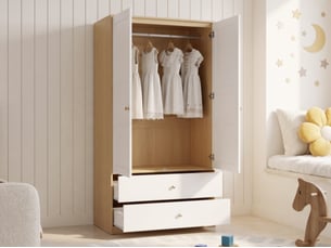 Armoire à deux portes avec 2 tiroirs et barre de penderie, 100 x 48 x 180 cm, blanc et effet bois