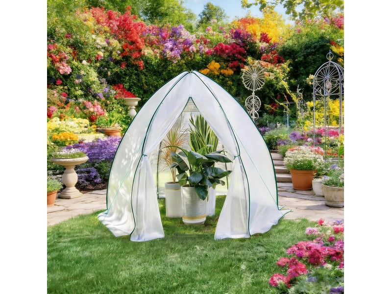 Serre de jardin conique 240 x 200 x 240 cm blanche en acier et pe, porte zippée et aération par moustiquaire - Conforama B