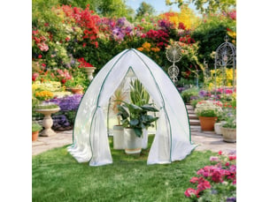 Serre de jardin conique 240 x 200 x 240 cm blanche en acier et pe, porte zippée et aération par moustiquaire