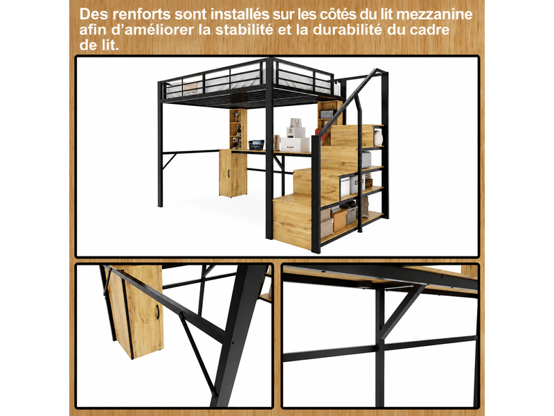 Lit mezzanine métal noir 140x200 - bureau intégré, rangements, placard, escalier de rangement, usb - sans matelas  - Conforama D