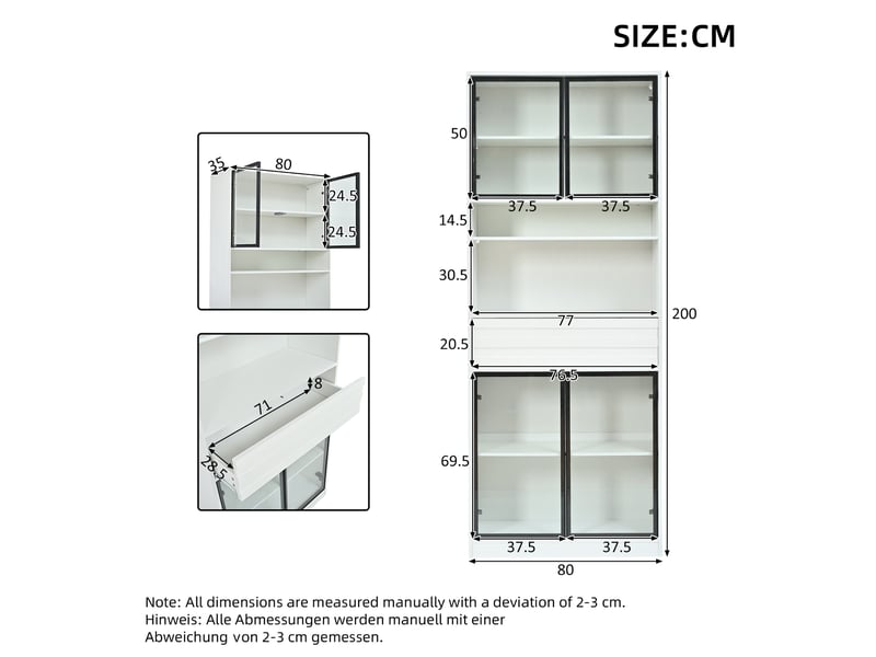  Vitrine avec 4 portes vitrées, tiroir et éclairage led piloté par application pour salon, mdf blanc, 80×35×200 cm  - Conforama D