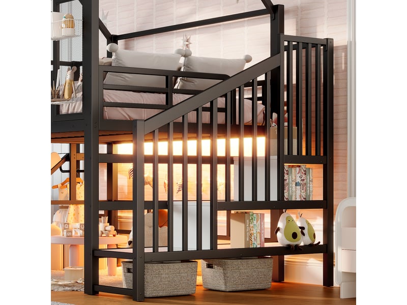  Lit mezzanine enfant avec toboggan et éclairage led bluetooth, structure métal noir, couchage 140 x 200 cm  - Conforama R