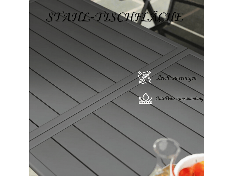 Table de jardin rectangulaire 150x80 cm – gris – acier thermolaqué – 6 places – plateau rainuré extérieur - Conforama E