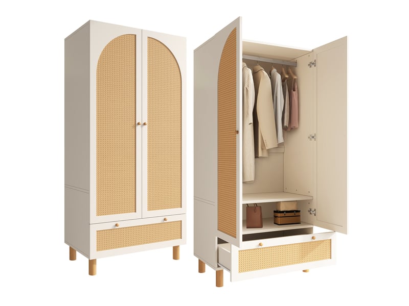  Armoire penderie 2 portes en rotin, grand tiroir, étagères réglables et tringle, chambre 85,5x52x180,5 cm, antibasculement - blanc  - Conforama A