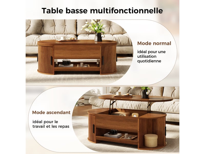  Table basse avec fonction de levage, table de salon avec espace de rangement dissimulé, console moderne avec structure rainurée, portes latérales coulissantes et espace de rangement pratique, table basse multifonctionnelle  - Conforama D