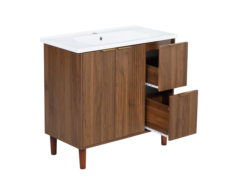  Meublede salle de bain 91 cm avec vasque céramique, 91 x 47 x 87 cm,noyer,panneau mdf,portes battantes et tiroirs, façade cannelée  - Conforama A
