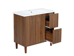 Meublede salle de bain 91 cm avec vasque céramique, 91 x 47 x 87 cm,noyer,panneau mdf,portes battantes et tiroirs, façade cannelée