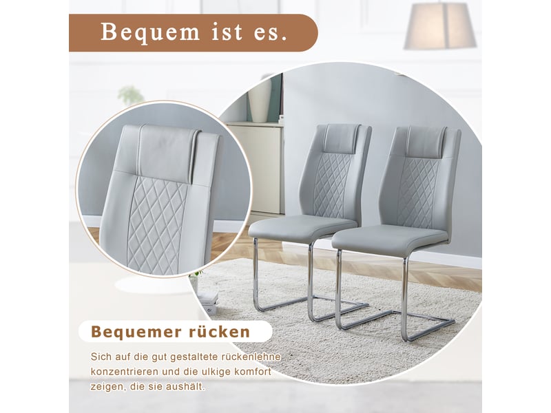  Lot de 4 chaises scandinaves en simili cuir gris clair, dossier filet, pieds métal argentés et patins antidérapants, pour salle à manger  - Conforama E